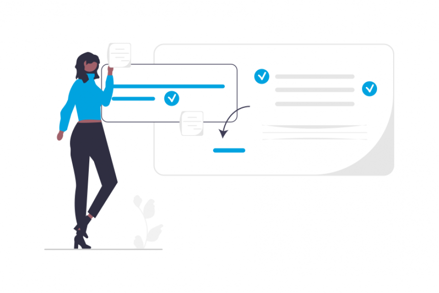 Illustration of a person standing with abstract documents in the background